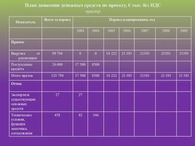 План движения денежных средств по проекту, € тыс. без НДС пример