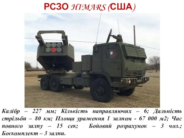 РСЗО HIMARS (США) Калібр – 227 мм; Кількість направляючих –