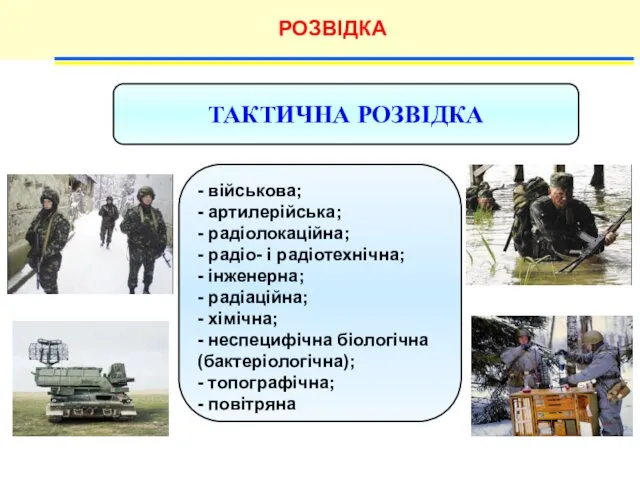 РОЗВІДКА ТАКТИЧНА РОЗВІДКА - військова; - артилерійська; - радіолокаційна; -