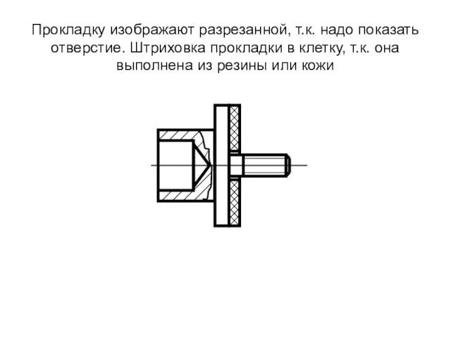 Прокладку изображают разрезанной, т.к. надо показать отверстие. Штриховка прокладки в