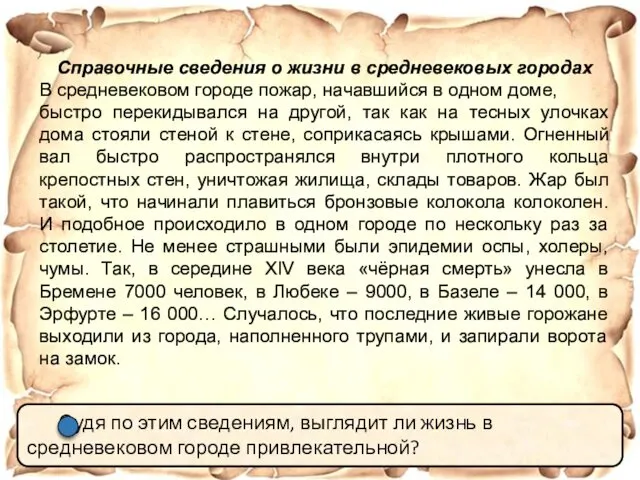 Справочные сведения о жизни в средневековых городах В средневековом городе