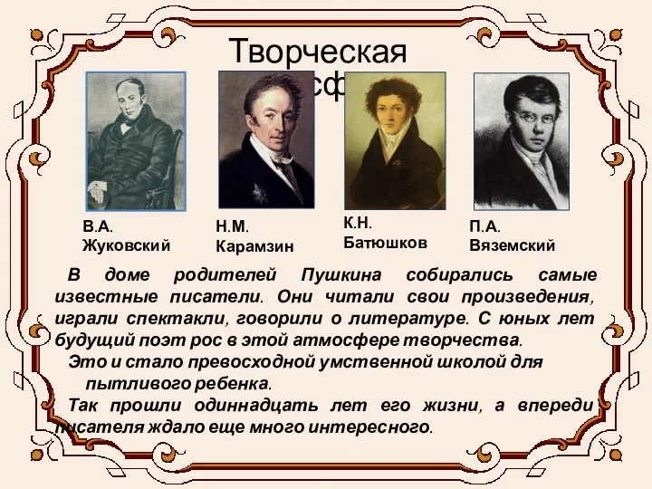 В доме родителей Пушкина собирались самые известные писатели. Они читали свои произведения, играли