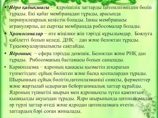 Ядро қабықшасы − ядроішілік заттарды цитоплпзмпдпн бөліп тұрады. Екі қабат