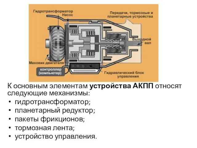 К основным элементам устройства АКПП относят следующие механизмы: гидротрансформатор; планетарный