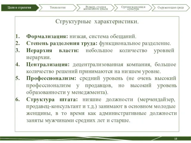 Структурные характеристики. Формализация: низкая, система обещаний. Степень разделения труда: функциональное