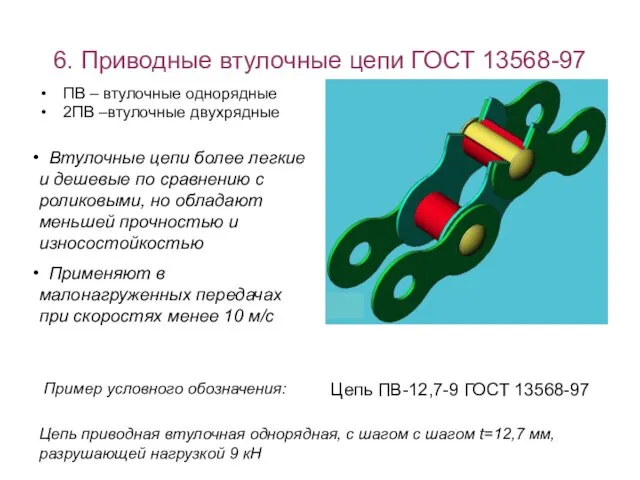 6. Приводные втулочные цепи ГОСТ 13568-97 ПВ – втулочные однорядные