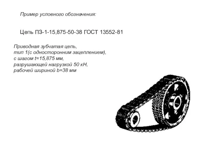 Цепь ПЗ-1-15,875-50-38 ГОСТ 13552-81 Пример условного обозначения: Приводная зубчатая цепь,