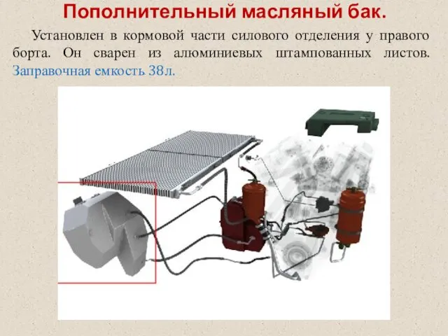 Пополнительный масляный бак. Установлен в кормовой части силового отделения у