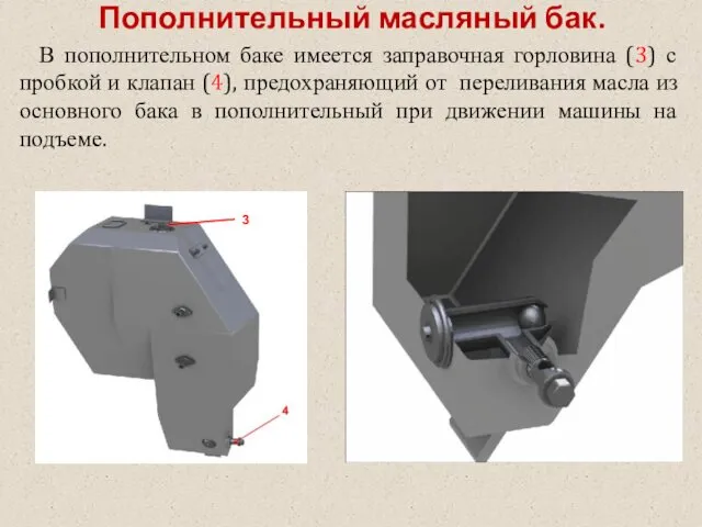 Пополнительный масляный бак. В пополнительном баке имеется заправочная горловина (3)