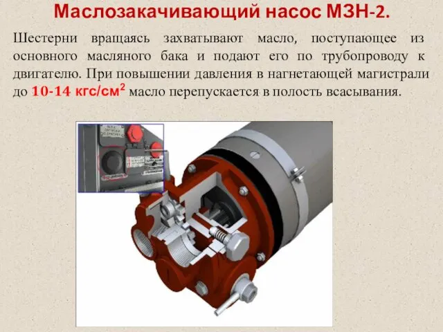 Маслозакачивающий насос МЗН-2. Шестерни вращаясь захватывают масло, поступающее из основного