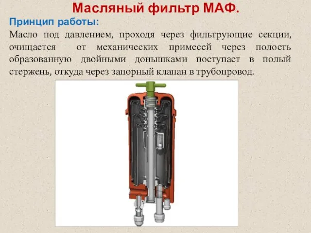 Масляный фильтр МАФ. Принцип работы: Масло под давлением, проходя через