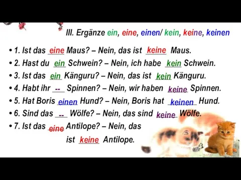 III. Ergänze ein, eine, einen/ kein, keine, keinen 1. Ist das ____ Maus?