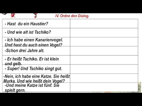 IV. Ordne den Dialog. - Hast du ein Haustier? - Und wie alt