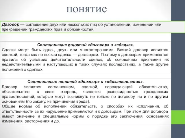 понятие Договор — соглашение двух или нескольких лиц об установлении,