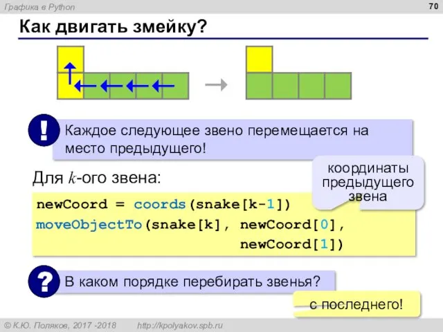 Как двигать змейку? Для k-ого звена: newCoord = coords(snake[k-1]) moveObjectTo(snake[k],