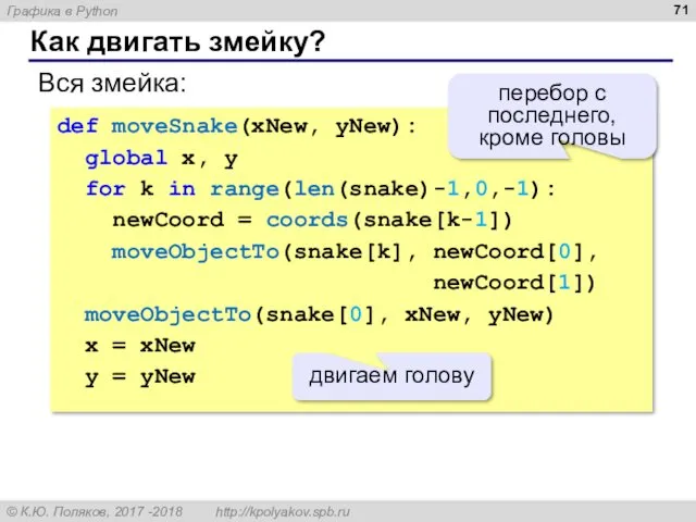 Как двигать змейку? Вся змейка: def moveSnake(xNew, yNew): global x,