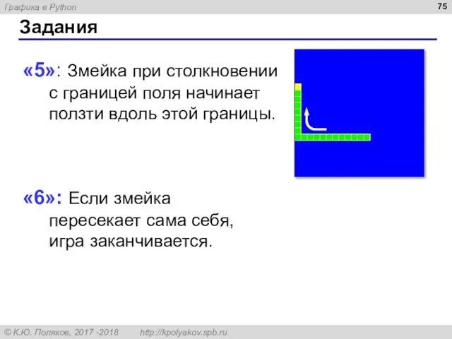 Задания «5»: Змейка при столкновении с границей поля начинает ползти