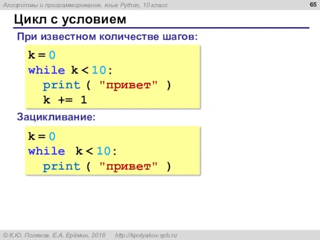 Цикл с условием k = 0 while k print (