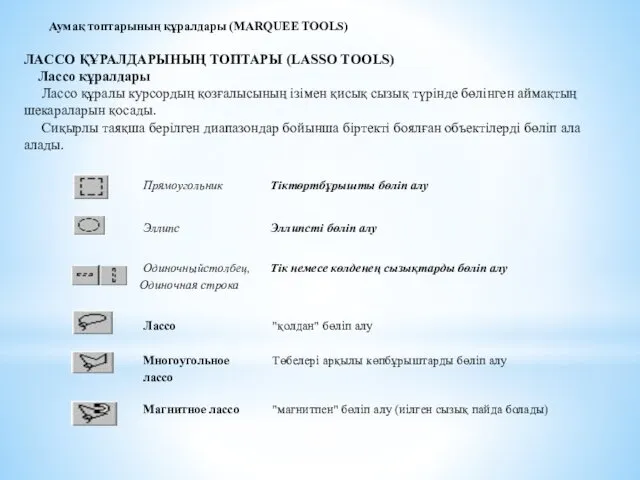 Аумақ топтарының құралдары (MARQUEE TOOLS) ЛАССО ҚҰРАЛДАРЫНЫҢ ТОПТАРЫ (LASSO TOOLS) Лассо құралдары Лассо