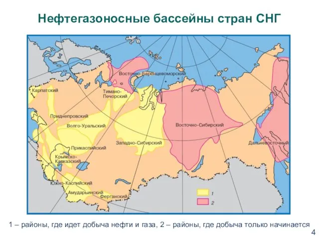 Нефтегазоносные бассейны стран СНГ 1 – районы, где идет добыча нефти и газа,