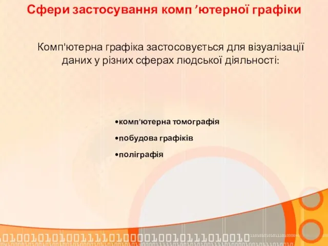 Комп'ютерна графіка застосовується для візуалізації даних у різних сферах людської