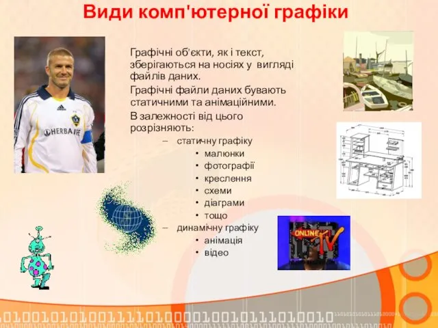 Види комп'ютерної графіки Графічні об'єкти, як і текст, зберігаються на