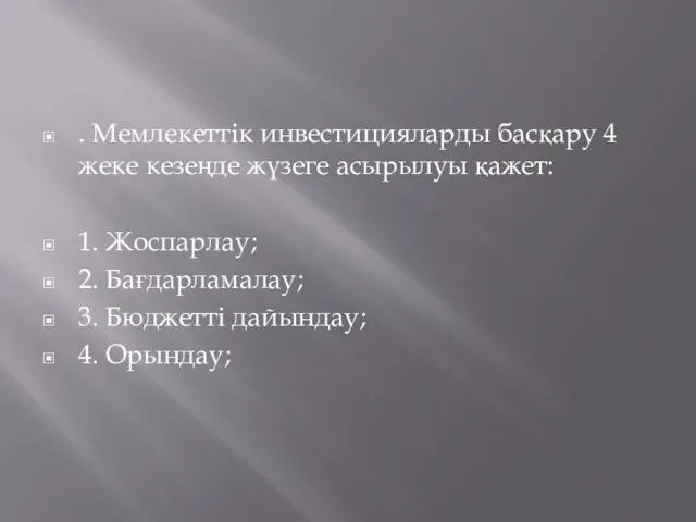 . Мемлекеттік инвестицияларды басқару 4 жеке кезеңде жүзеге асырылуы қажет: