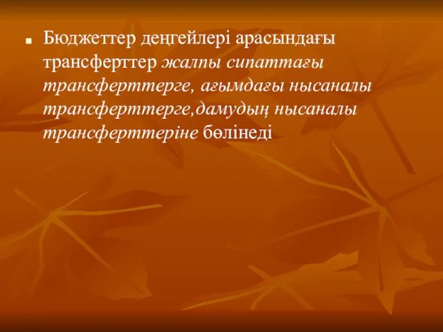 Бюджеттер деңгейлері арасындағы трансферттер жалпы сипаттағы трансферттерге, ағымдағы нысаналы трансферттерге,дамудың нысаналы трансферттеріне бөлінеді