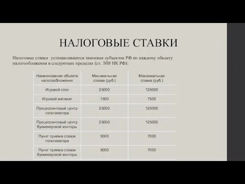 НАЛОГОВЫЕ СТАВКИ Налоговые ставки устанавливаются законами субъектов РФ по каждому объекту налогообложения в