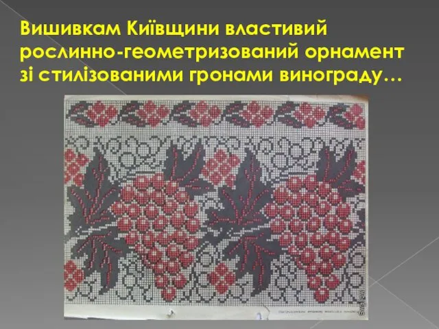 Вишивкам Київщини властивий рослинно-геометризований орнамент зі стилізованими гронами винограду…