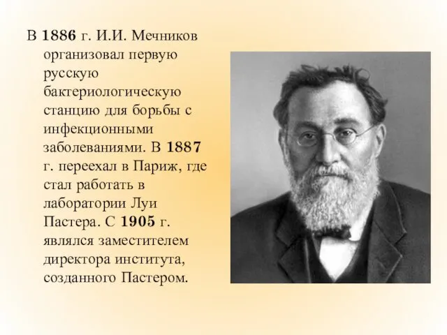 В 1886 г. И.И. Мечников организовал первую русскую бактериологическую станцию