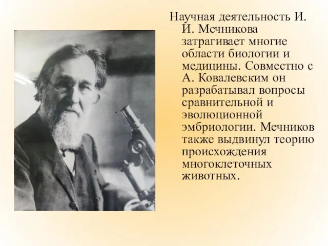 Научная деятельность И.И. Мечникова затрагивает многие области биологии и медицины.