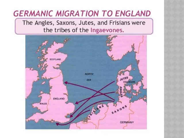 GERMANIC MIGRATION TO ENGLAND The Angles, Saxons, Jutes, and Frisians were the tribes of the Ingaevones.