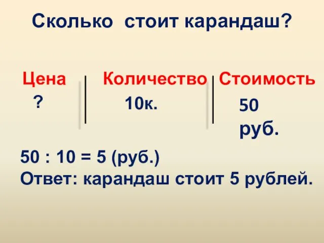 Сколько стоит карандаш? Цена Количество Стоимость ? 10к. 50 руб.