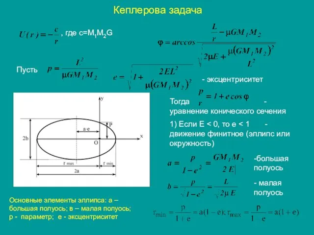 Кеплерова задача , где с=М1М2G Пусть - эксцентриситет Тогда -