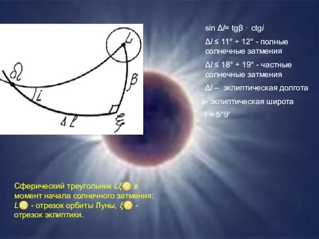 Сферический треугольник Lξ♌ в момент начала солнечного затмения: L♌ -