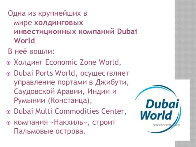 Одна из крупнейших в мире холдинговых инвестиционных компаний Dubai World