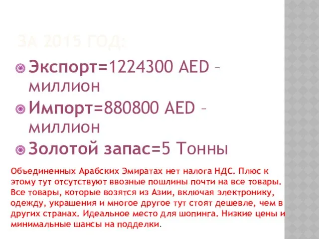 ЗА 2015 ГОД: Экспорт=1224300 AED – миллион Импорт=880800 AED –