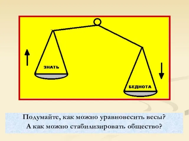 Подумайте, как можно уравновесить весы? А как можно стабилизировать общество?