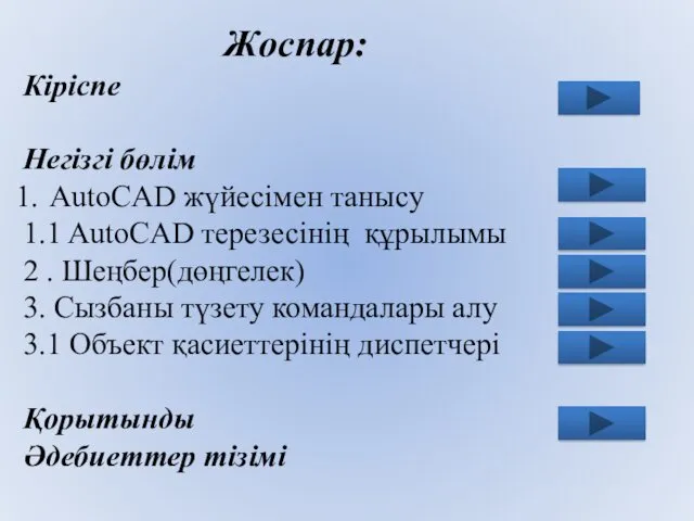 Жоспар: Кіріспе Негізгі бөлім AutoCAD жүйесімен танысу 1.1 AutoCAD терезесінің