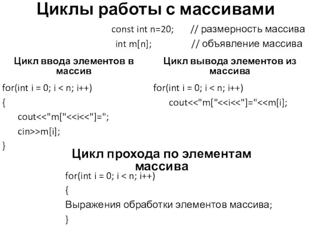 Циклы работы с массивами for(int i = 0; i {