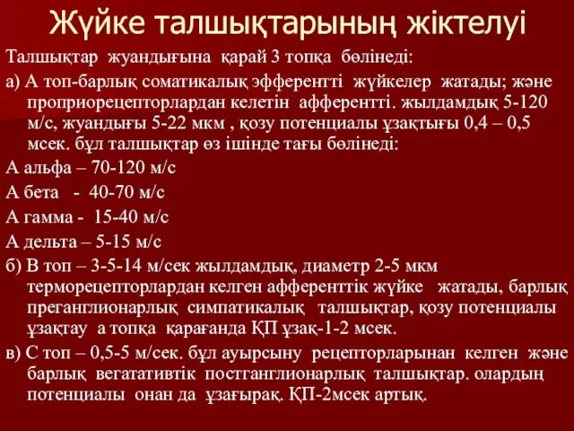 Жүйке талшықтарының жіктелуі Талшықтар жуандығына қарай 3 топқа бөлiнедi: а) А топ-барлық соматикалық