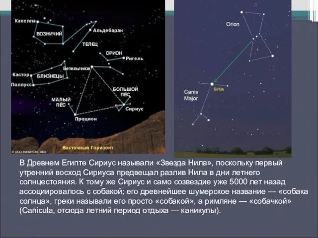 В Древнем Египте Сириус называли «Звезда Нила», поскольку первый утренний