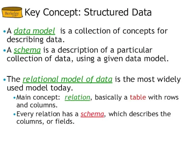 Key Concept: Structured Data A data model is a collection