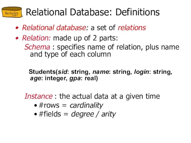 Relational Database: Definitions Relational database: a set of relations Relation: