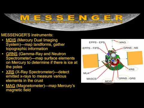 MESSENGER’S instruments: MDIS (Mercury Dual Imaging System)—map landforms, gather topographic