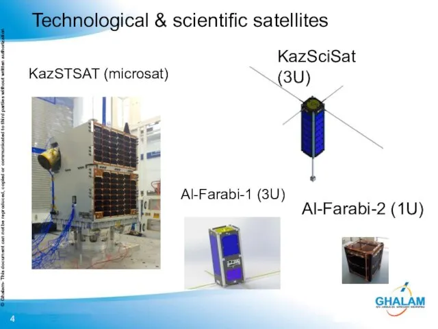 Technological & scientific satellites Al-Farabi-1 (3U) Al-Farabi-2 (1U) KazSciSat (3U) KazSTSAT (microsat)