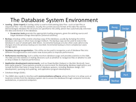 The Database System Environment Loading. (Data import) A loading utility