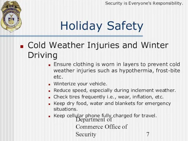 Department of Commerce Office of Security Holiday Safety Cold Weather