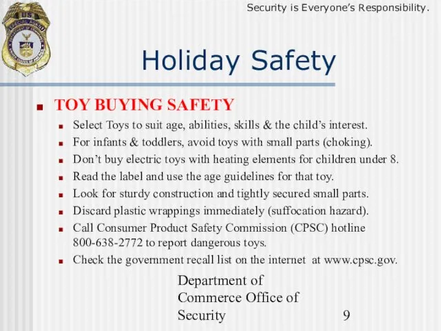Department of Commerce Office of Security Holiday Safety TOY BUYING